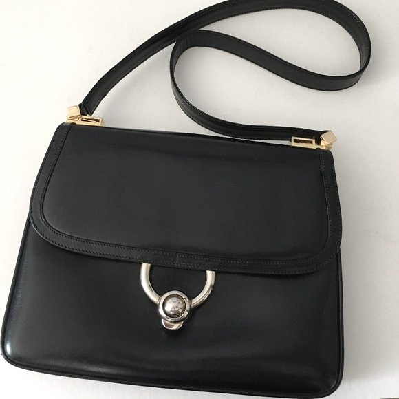 Gucci Black Leather Handbag 2 Way Straps 1980's Vintage - Picture 1 of 15